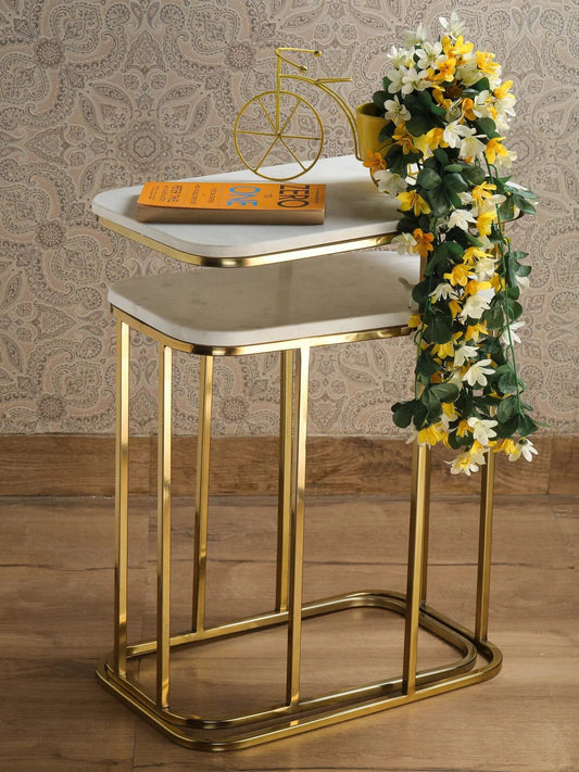 Modern Wooden Top Nesting Tables – Set of 2 (Gold Frame)