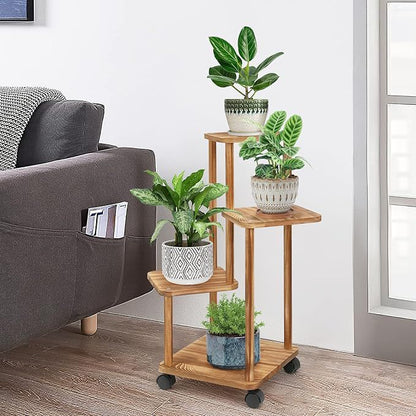 Rustic Wooden 3-Tier Plant Stand with Wheels | Mobile Flower Pot Rack | Multi-Level Indoor & Outdoor Plant Display Shelf
