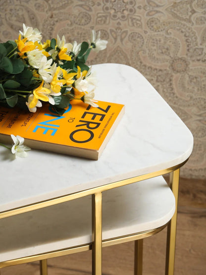 Modern Wooden Top Nesting Tables – Set of 2 (Gold Frame)