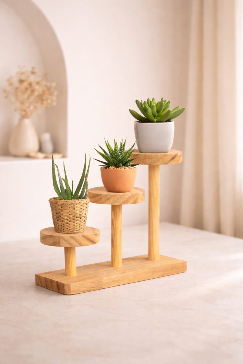Rustic Wooden 3-Tier Plant Stand | Tabletop Flower Pot Display Rack | Natural Wood Succulent Holder for Home Décor