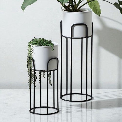 Modern Metal Planter Stand Set of 2 | Black Iron Indoor Plant Holders | Minimalist Flower Pot Display Stands