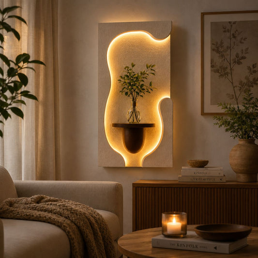 Modern LED Wall Shelf with Vase Holder – Decorative MDF Wooden Wall Art for Living Room