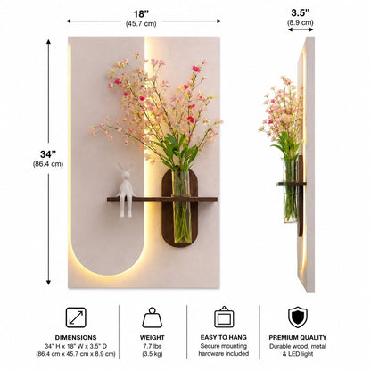 Modern LED Wall Art Shelf with Glass Vase Holder | Luxury Illuminated Floating Shelf | Decorative Wall Panel for Home Décor
