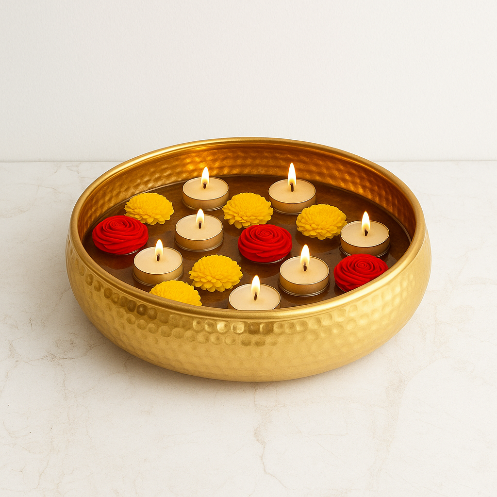 Hand Hammered Brass Urli Bowl – 33 cm Decorative Diya / Floating Candle Bowl for Home & Diwali Decor