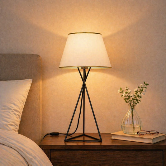Modern Black Table Lamp with Fabric Shade | Geometric Metal Base 24 Inch