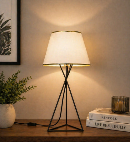 Modern Black Table Lamp with Fabric Shade | Geometric Metal Base 24 Inch