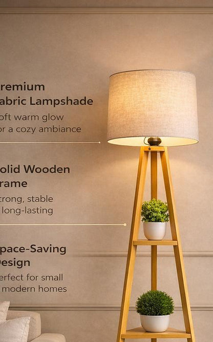Modern Wooden Floor Lamp with Storage Shelves | Decorative Tripod Standing Lamp for Living Room, Bedroom & Office | Fabric Shade