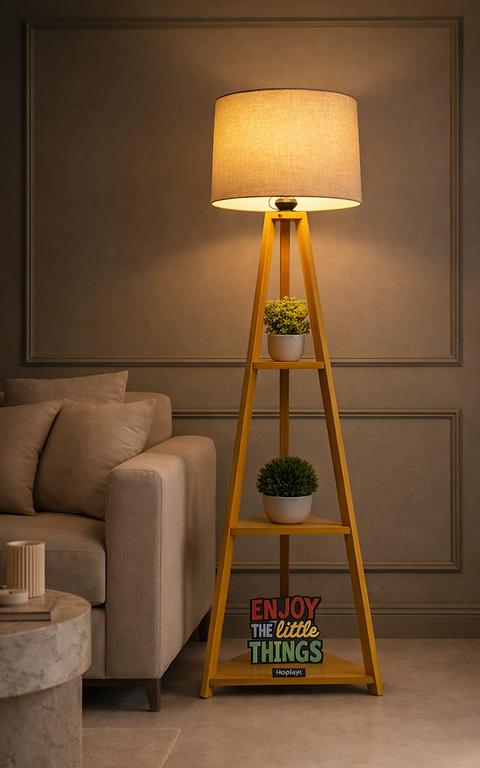 Modern Wooden Floor Lamp with Storage Shelves | Decorative Tripod Standing Lamp for Living Room, Bedroom & Office | Fabric Shade