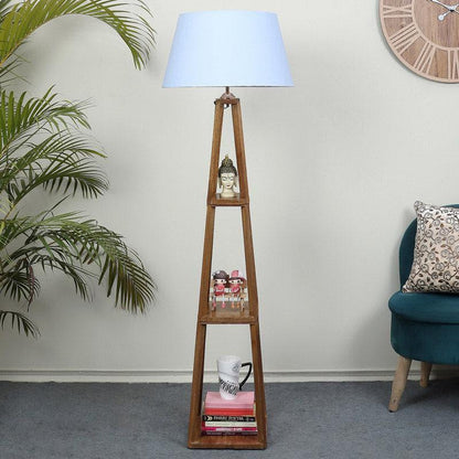 Modern Wooden Floor Lamp with Display Shelves | Decorative Standing Lamp for Living Room, Bedroom & Office | Fabric Shade