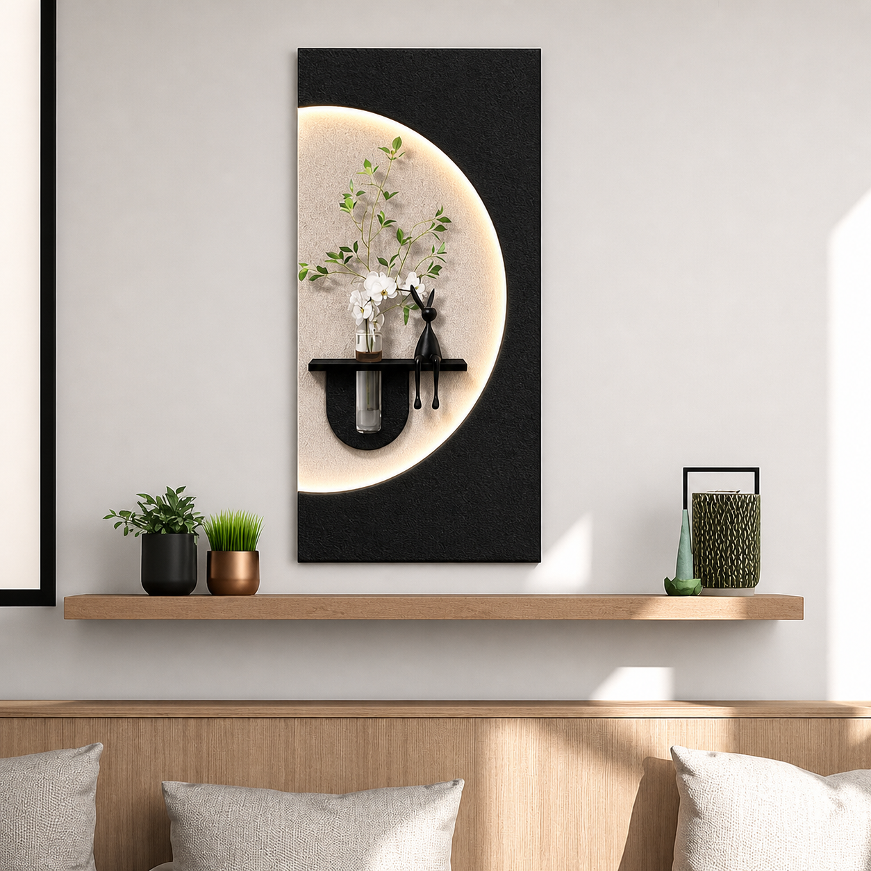 Handmade 3D LED Wall Art for Home & Office | Modern Decorative Painting with Warm Light for Living Room, Bedroom, Foyer & Hotel Decor (Round Moon)