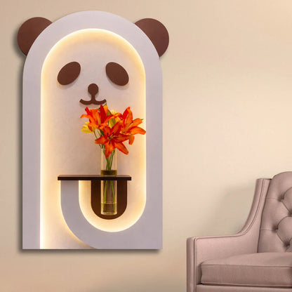 Cute Panda LED Wall Lamp with Wooden Shelf & Glass Vase, Modern Wall Decor Light with Warm White Glow for Living Room, Bedroom & Kids Room
