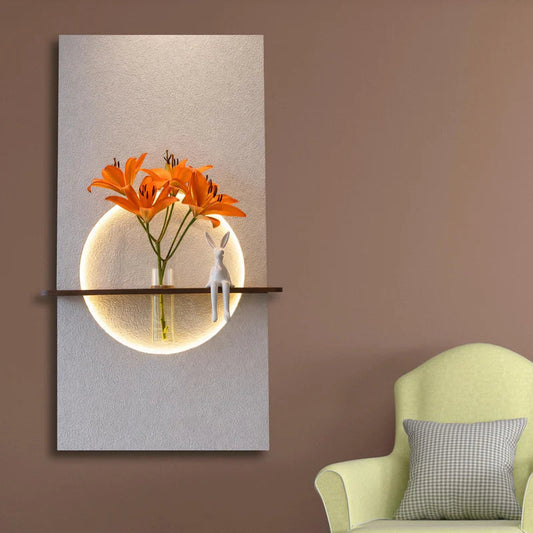 Modern LED Wall Light with Wooden Shelf & Glass Vase, Warm White Circular Wall Lamp for Living Room, Bedroom & Home Decor