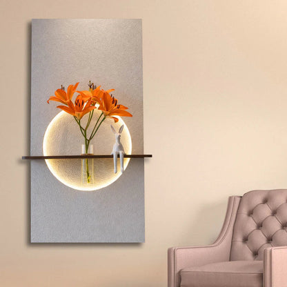 Modern LED Wall Light with Wooden Shelf & Glass Vase, Warm White Circular Wall Lamp for Living Room, Bedroom & Home Decor
