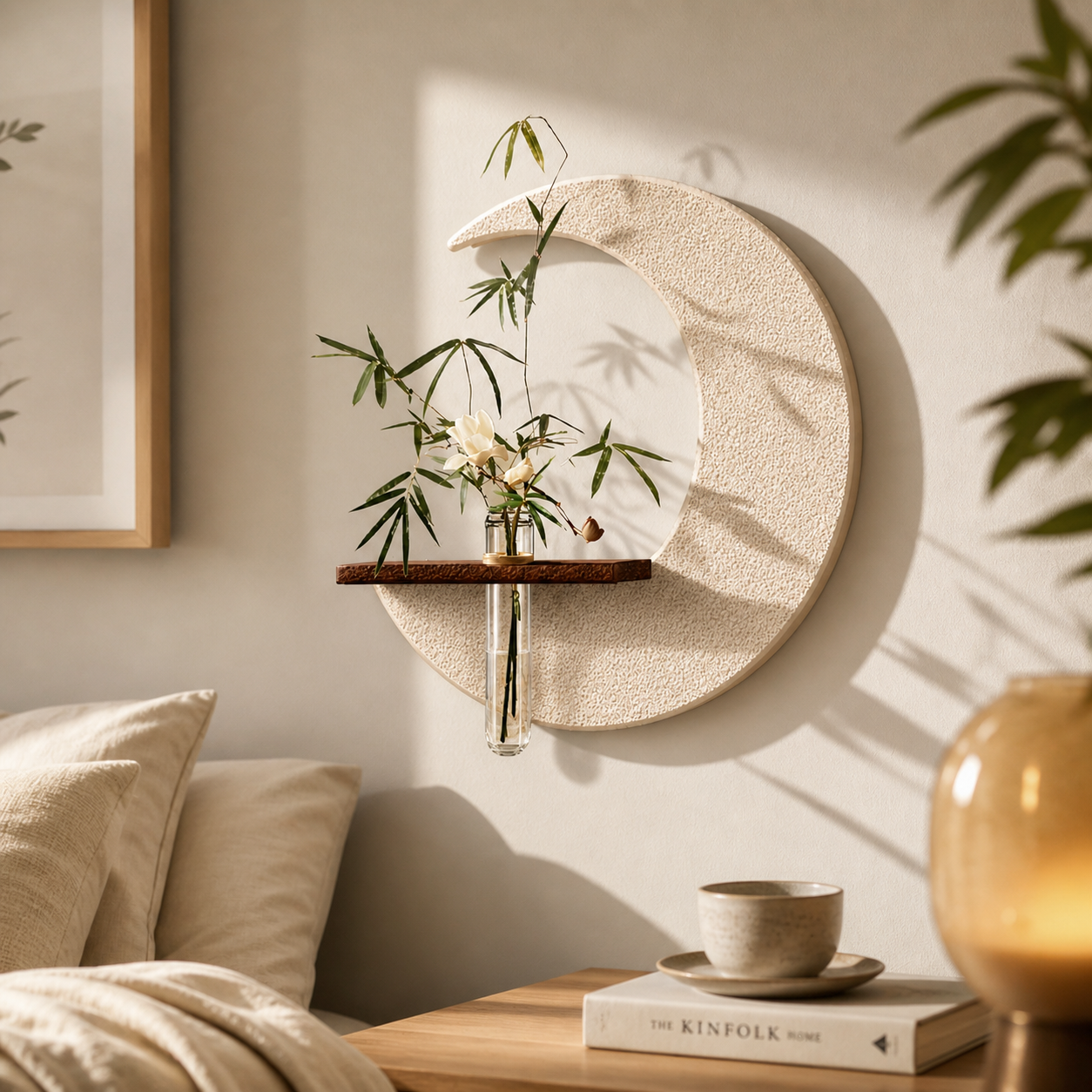 Modern Moon Wall Decor with Vase & Wooden Shelf | Minimalist Nordic Wall Art for Living Room