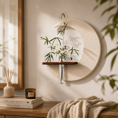 Modern Moon Wall Decor with Vase & Wooden Shelf | Minimalist Nordic Wall Art for Living Room