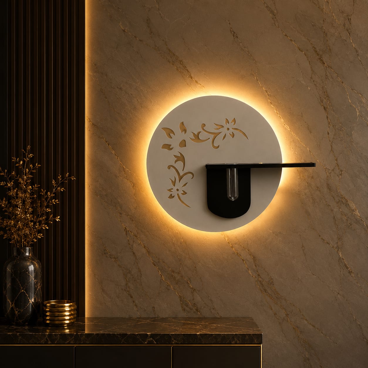 Modern LED Wall Decor with Shelf & Vase, Warm White Decorative Wall Light