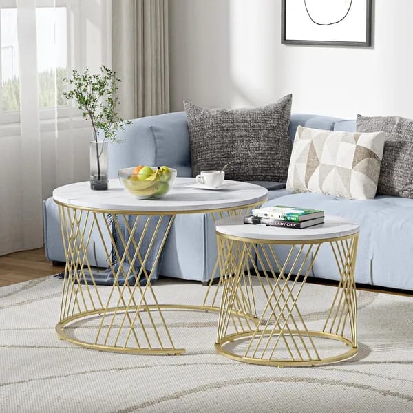 Modern Wooden Top Round Coffee Table Set with Gold Metal Frame (Set of 2)