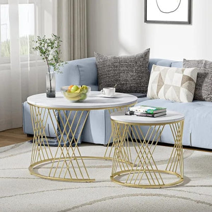 Modern Wooden Top Round Coffee Table Set with Gold Metal Frame (Set of 2)