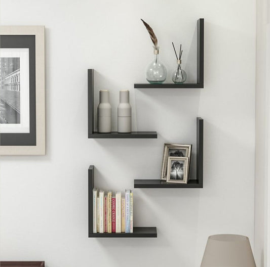 Set of 4 L-Shaped Floating Wall Shelves | MDF Wooden Corner Shelves for Living Room, Bedroom & Home Decor