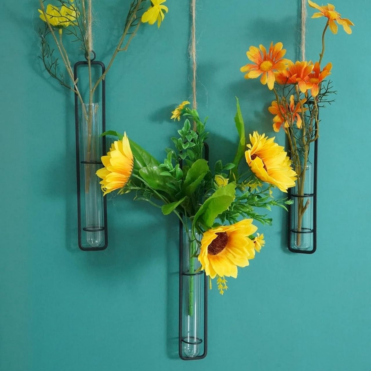 Modern Hanging Glass Vase Set of 3 – Wall Décor Test Tube Planters with Metal Frame