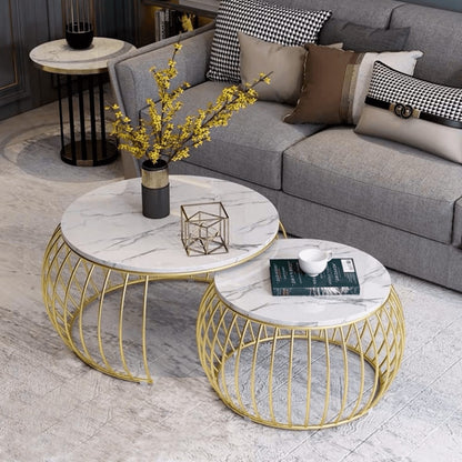 Luxury Round Coffee Table Set with Gold Finish Frame (Set of 2)