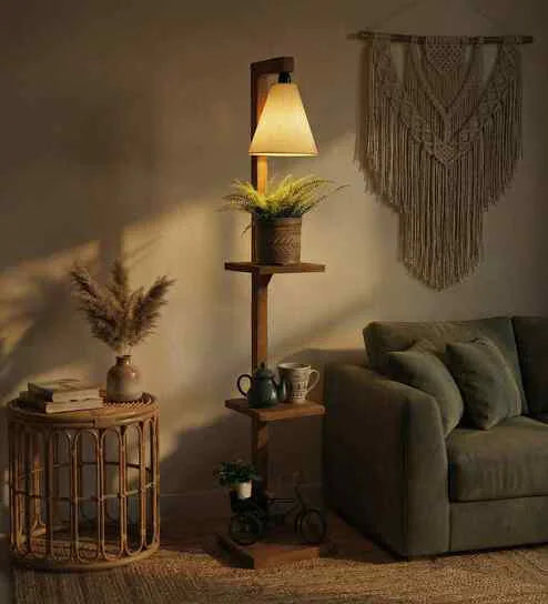 ANAS ARTS & CRAFT  Modern Wooden Floor Lamp with Fabric Shade | Decorative Standing Lamp for Living Room, Bedroom & Office | 60 Inch Tall