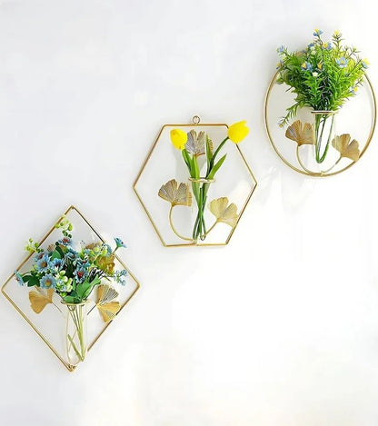 Luxury Gold Wall Hanging Vase Set – Metal Frame Glass Tube Planters (Set of 3)