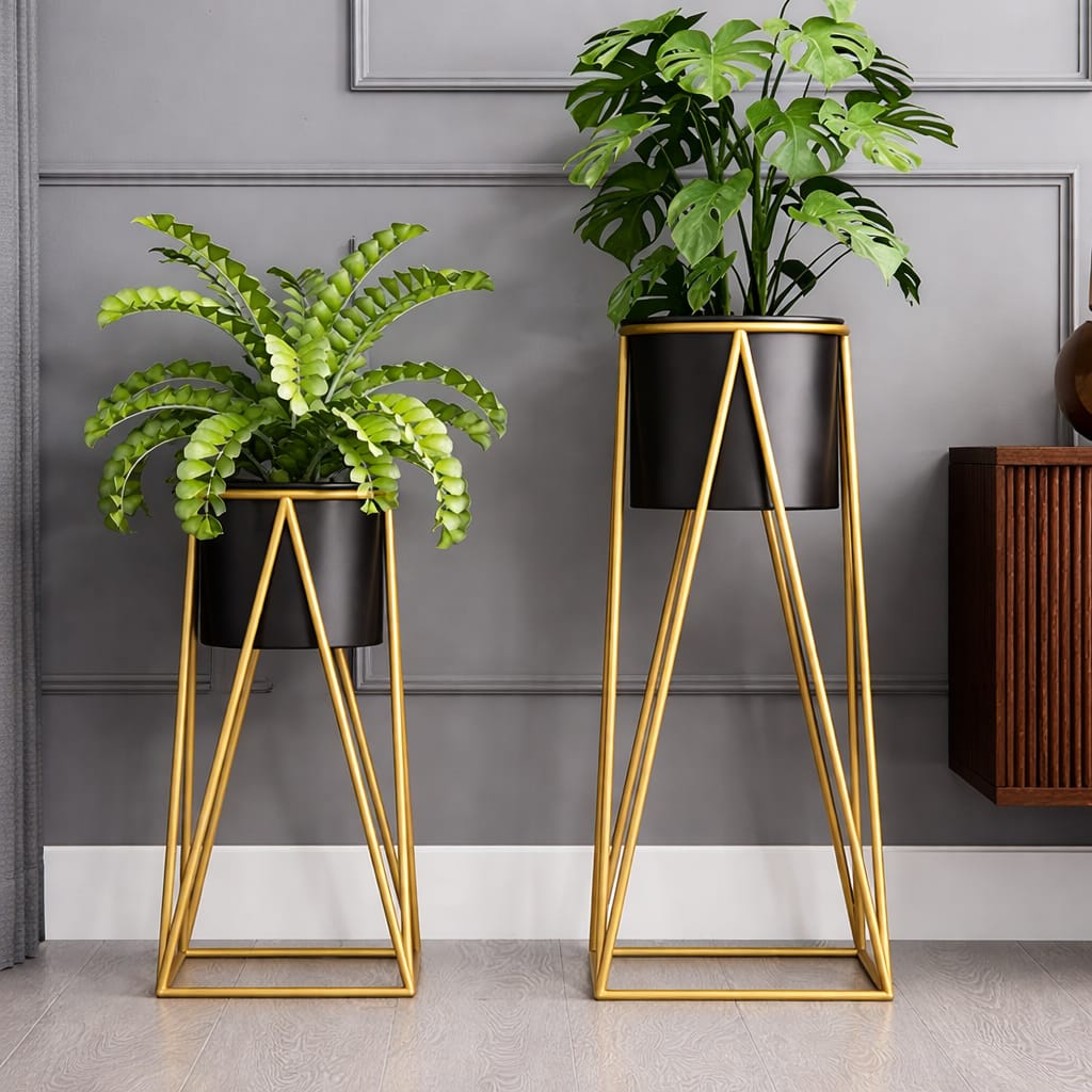 Urban Contrast Planter Stand Set – Black & Gold Finish