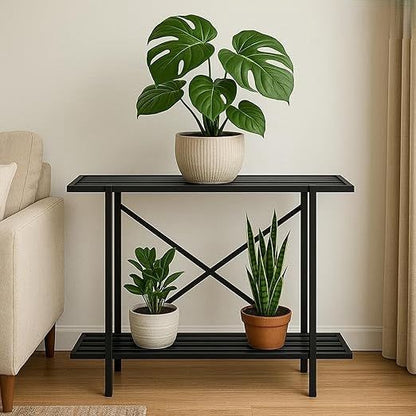 Industrial 2-Tier Metal Plant Stand Shelf | Multi-Purpose Flower Pot Display Rack | Indoor & Outdoor Plant Organizer