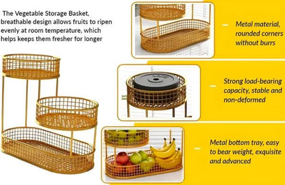 3-Tier Gold Metal Fruit & Vegetable Storage Basket