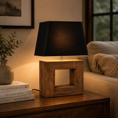 Rustic Wooden Table Lamp with Black Fabric Shade – Modern Bedside & Living Room Lamp