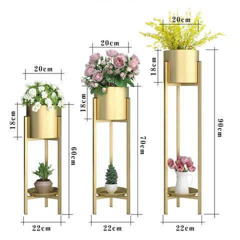 Luxury Gold Metal Planter Stand Set of 3 | Modern Flower Pot Holders with Bottom Shelf | Elegant Indoor Plant Display Stands
