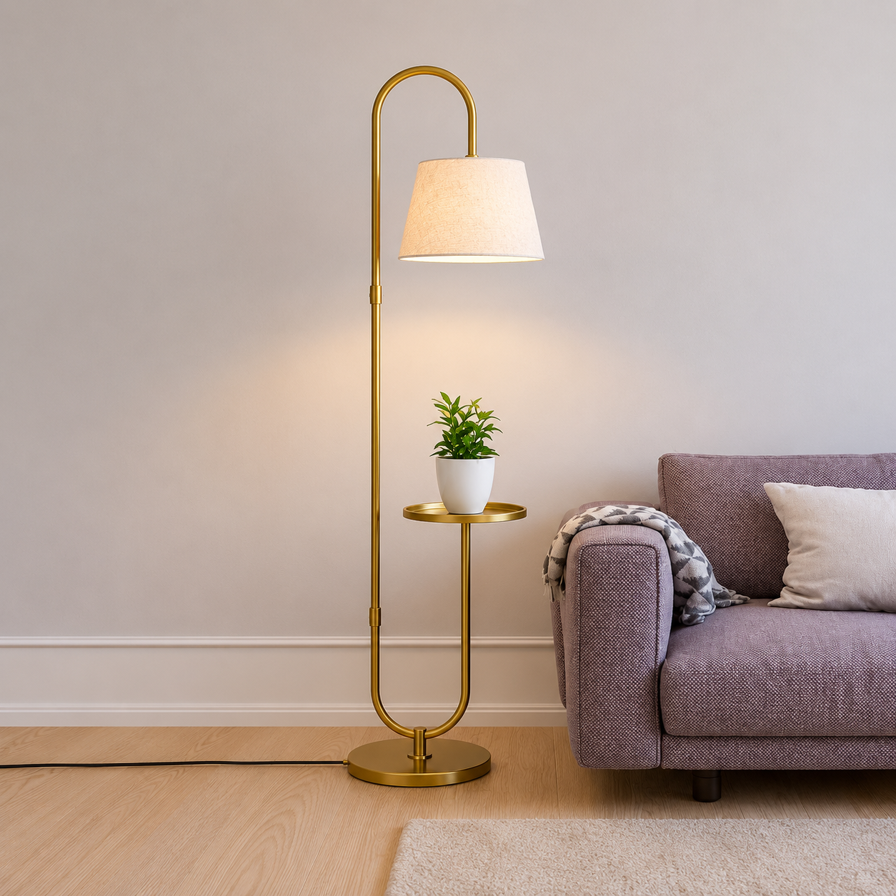Modern Golden Metal Finish Curved Floor Lamp Standing with Table Shelf