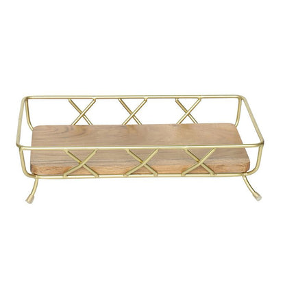 Gold Metal Serving Tray with Wooden Base – Decorative Countertop Organizer