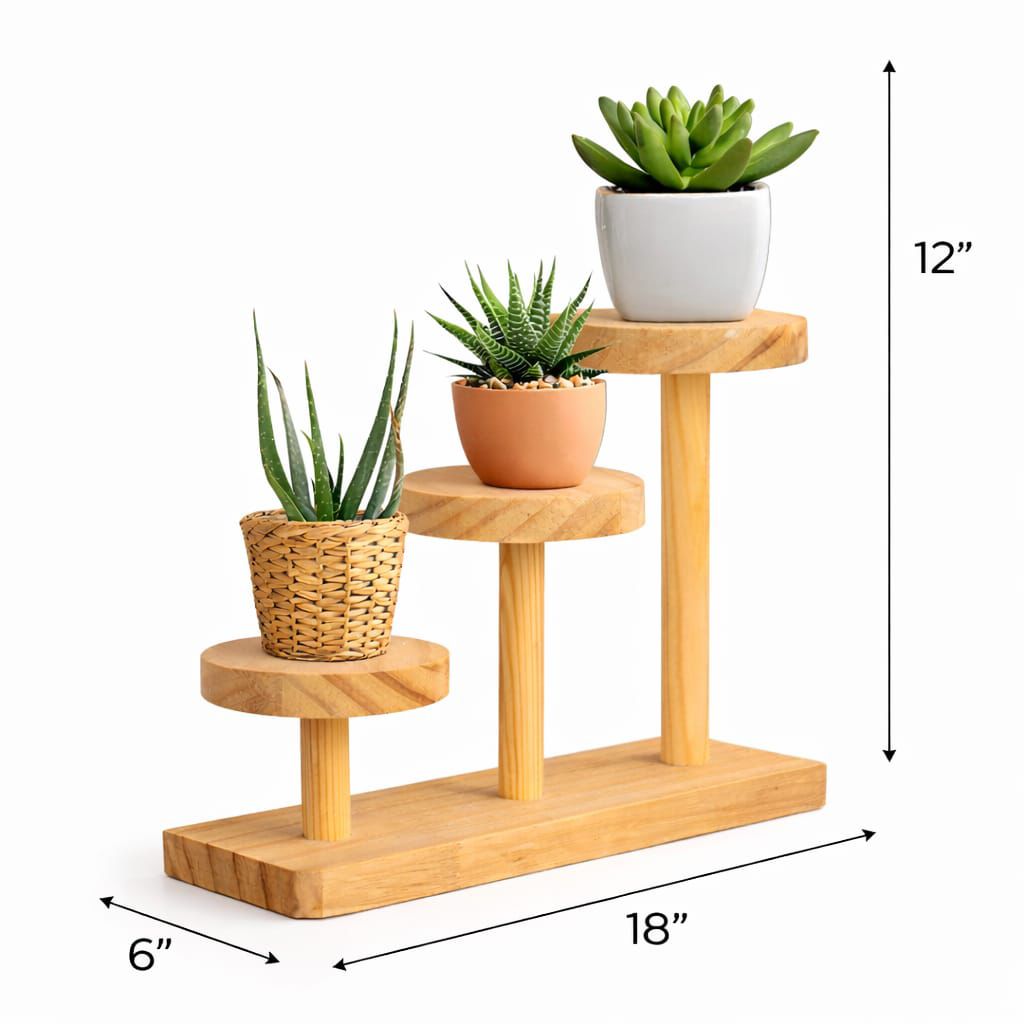 Rustic Wooden 3-Tier Plant Stand | Tabletop Flower Pot Display Rack | Natural Wood Succulent Holder for Home Décor