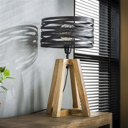 Rustic Wooden Table Lamp with Spiral Metal Shade – Modern Industrial Bedside Light