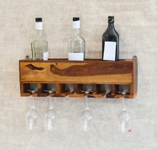 Solid Wood Wall-Mounted Wine Rack with Glass Holder – Rustic Bar Shelf