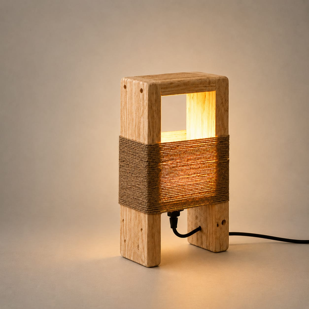 Rustic Wooden Table Lamp with Rope Design – Handmade Decorative Bedside Light