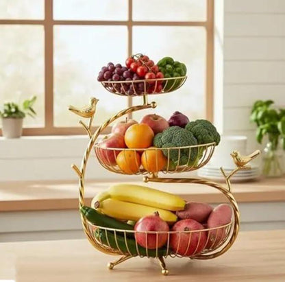 3-Tier Gold Metal Fruit Basket Stand with Bird Design