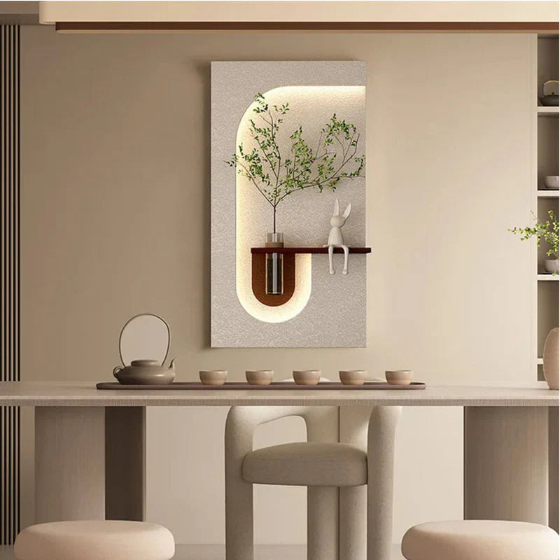 Modern LED Wall Décor Shelf with Plant Vase & Artistic Design Panel”