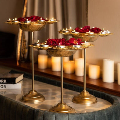 Luxury Metal Urli Bowl Stand Set of 3 with Diya Holders | Decorative Festive Centerpiece for Home Décor