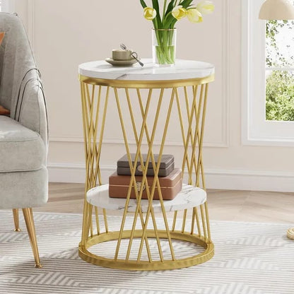 Modern Round Side Table with Marble Top & Gold Metal Frame