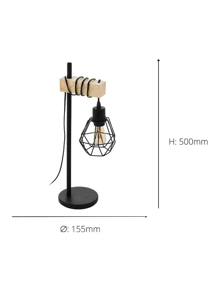 Vintage Industrial Table Lamp with Wooden Accent & Hanging Cage Bulb – Modern Bedside/Desk Light