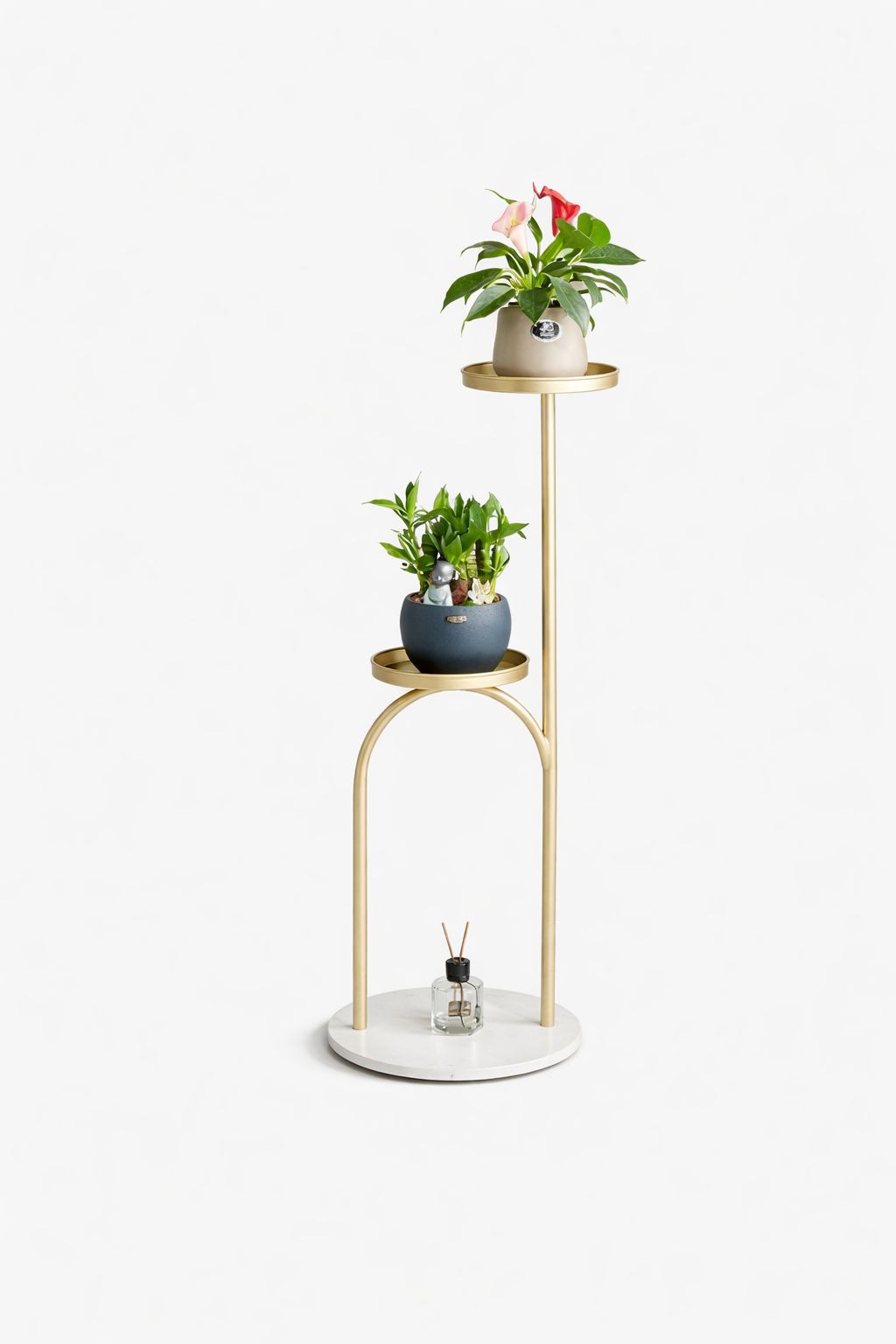 Modern 2-Tier Gold Metal Plant Stand | Luxury Flower Pot Holder with Marble Base | Decorative Indoor Plant Display Rack