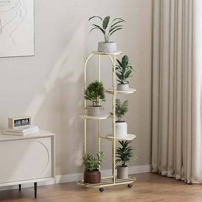 Luxury 5-Tier Gold Metal Plant Stand with Wheels | Modern Multi-Level Flower Pot Rack | Indoor Decorative Plant Display Shelf