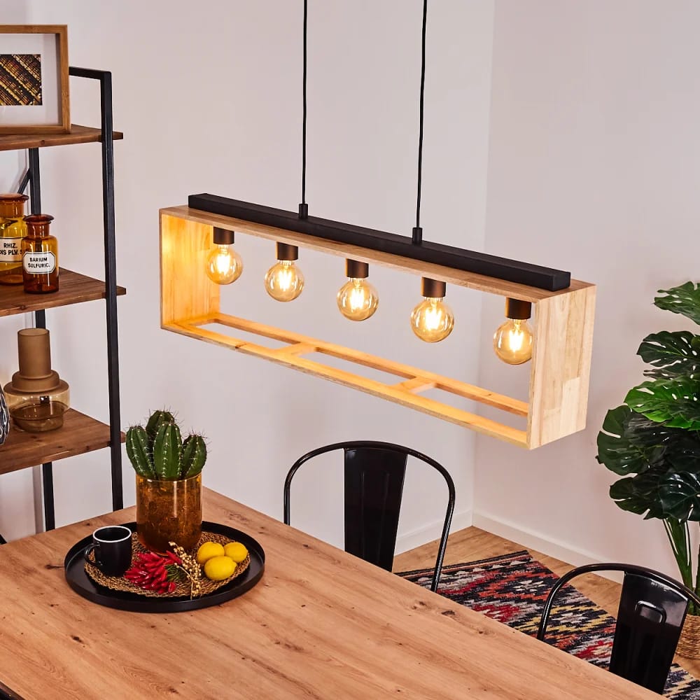 Modern Wooden 5-Light Pendant Lamp – Rustic Industrial Hanging Ceiling Light