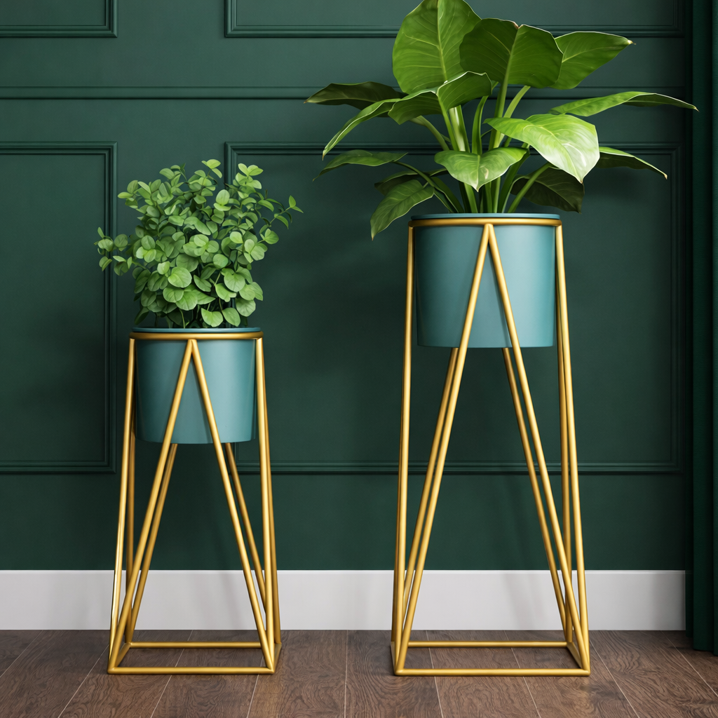 Premium Metal Plant Stand with Decorative Planter | Indoor/Outdoor Flower Pot Stand (Set of 2 Sizes)